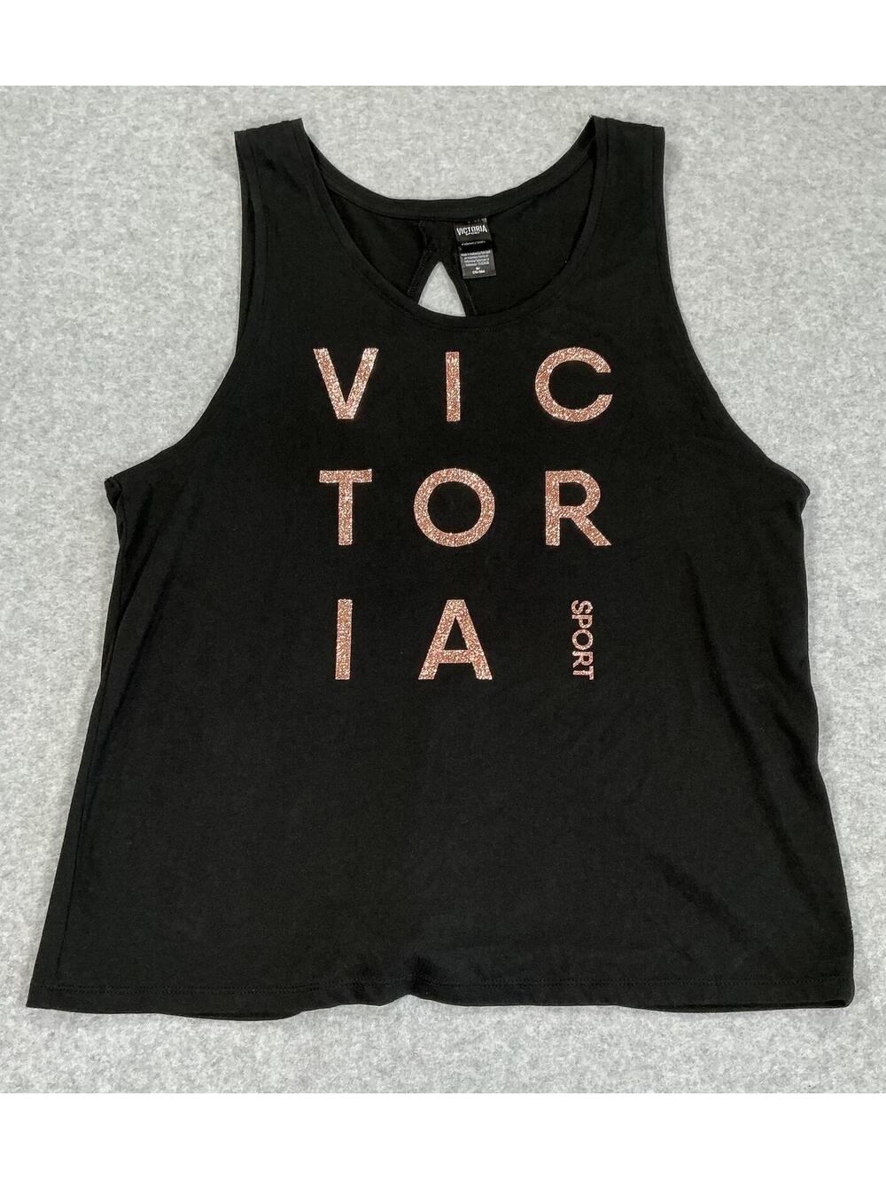 Victoria Sport Tank Top Black Rose Gold Glitter Logo Open Back Medium